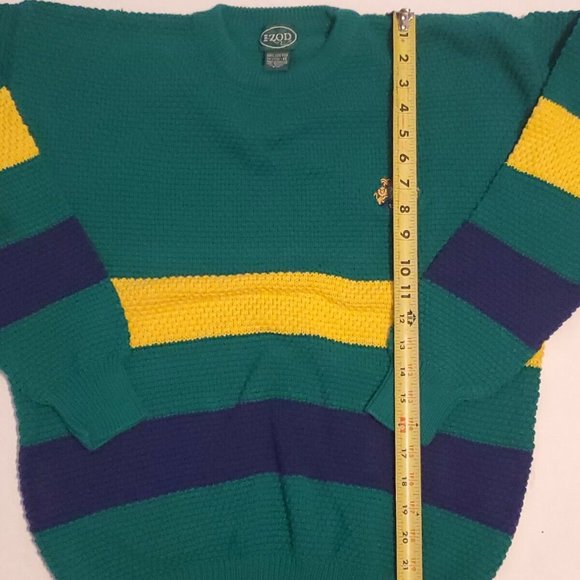Vintage Izod Chunky Cable Knit Tennis Sweater V Neck Size M Green Blue Yellow - Picture 8 of 10